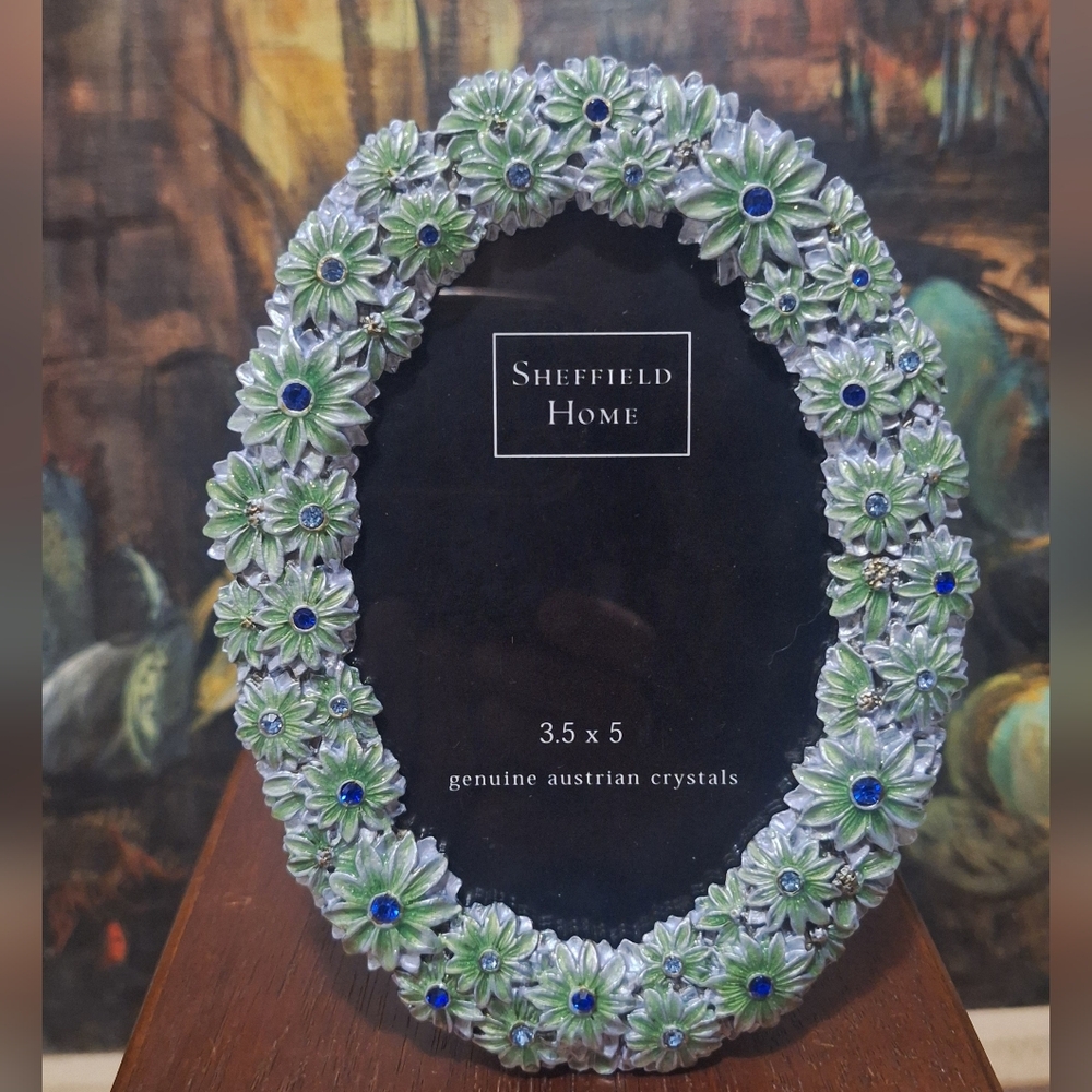 Sheffield Home Oval Frame with Green Blue Silver Floral Design 3x5 NIB